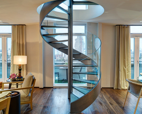 Tangga Spiral Baja Modern Indoor / Outdoor Dengan Langkan Stainless