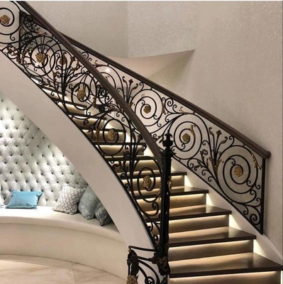 12mm Kaca Tempered Besi Tempa Tangga Kayu Melengkung untuk Balustrade Besi