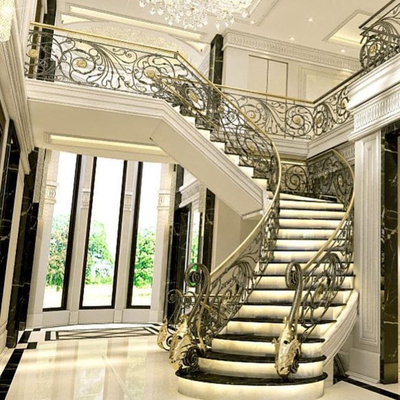 12mm Kaca Tempered Besi Tempa Tangga Kayu Melengkung untuk Balustrade Besi