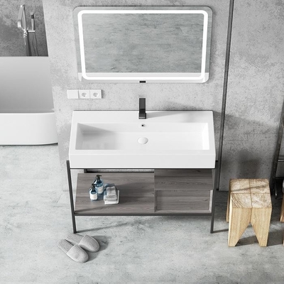Floor Mounted Hotel Bathroom Cabinet Unit Vanity Wastafel Keramik Eropa Dengan Cermin
