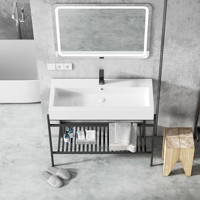 Floor Mounted Hotel Bathroom Cabinet Unit Vanity Wastafel Keramik Eropa Dengan Cermin