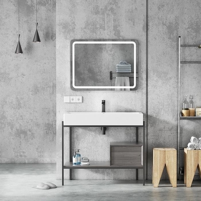 Floor Mounted Hotel Bathroom Cabinet Unit Vanity Wastafel Keramik Eropa Dengan Cermin