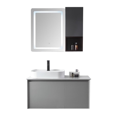 Lemari Kamar Mandi Kustom Abu-abu Hangat Cermin Cahaya LED 40 Inch Bath Vanity