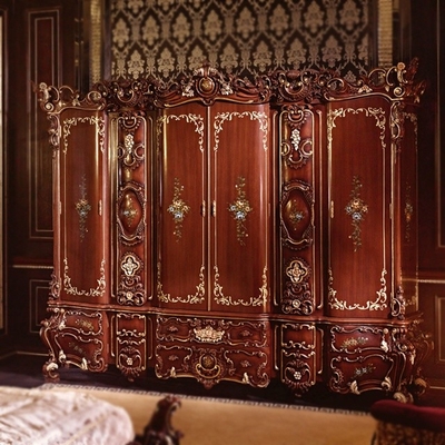 Kamar Tidur Ukiran Buatan Tangan Lemari Gaya Eropa Merah Empat Pintu Lemari Kayu