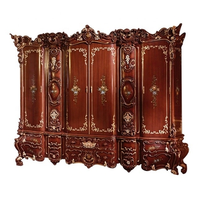 Kamar Tidur Ukiran Buatan Tangan Lemari Gaya Eropa Merah Empat Pintu Lemari Kayu