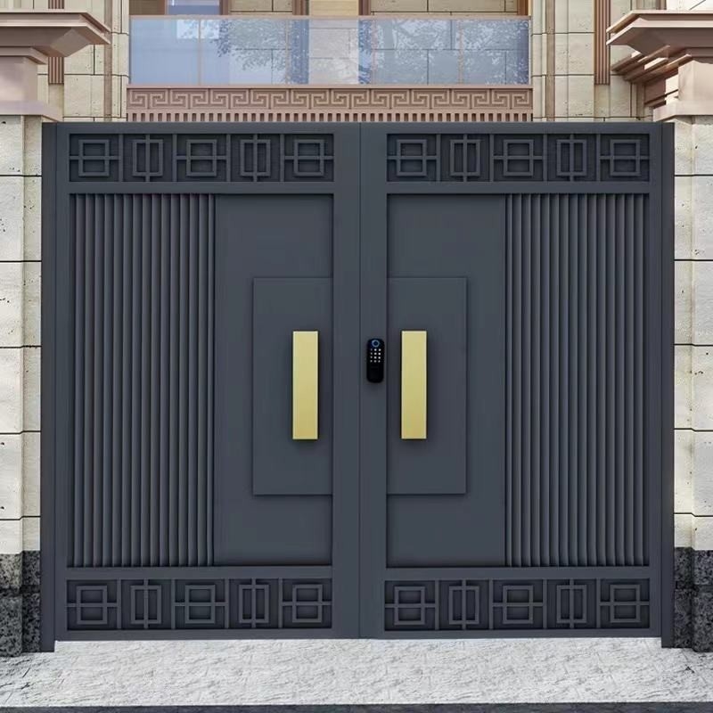 Dekorasi luar Masuk hitam Pintu baja tahan karat ganda Desain besi tempa Pintu utama