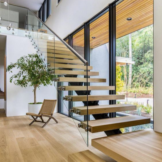 L Berbentuk Tangga Spiral Hemat Ruang Kayu Solid Tangga Mengambang Modern Untuk Rumah