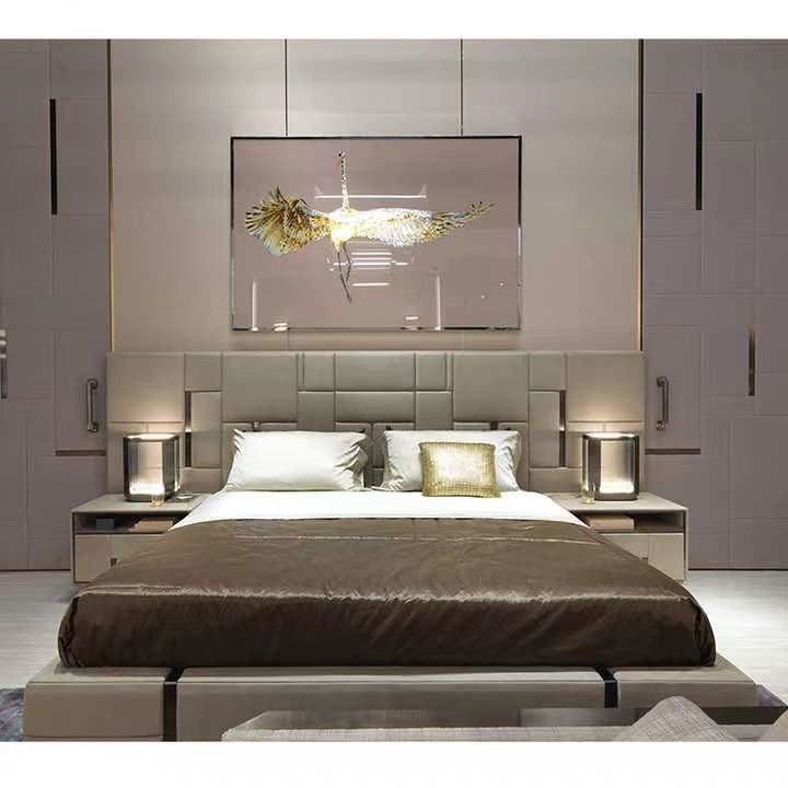 High End Hotel Kulit Asli Tempat Tidur King Tempat Tidur Titanium Stainless Steel